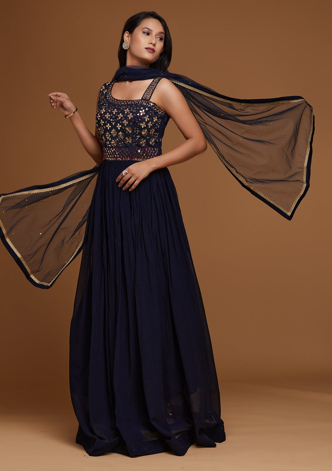 Navy Blue Mirrorwork Georgette Designer Gown - Koskii