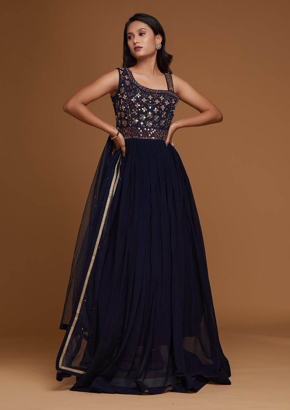 Navy Blue Mirrorwork Georgette Designer Gown - Koskii
