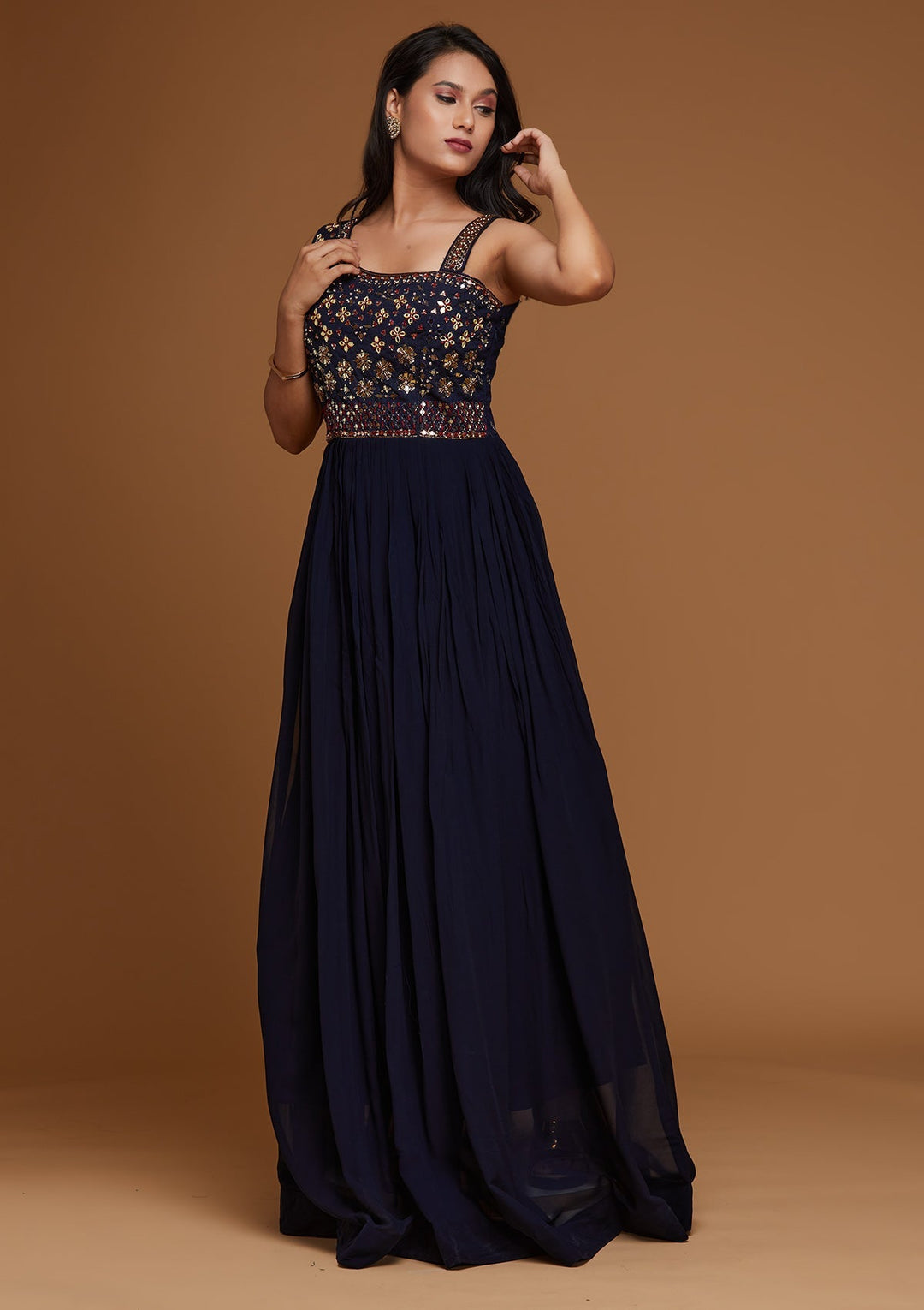 Navy Blue Mirrorwork Georgette Designer Gown - Koskii