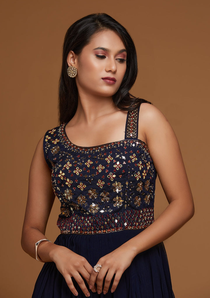 Navy Blue Mirrorwork Georgette Designer Gown - Koskii