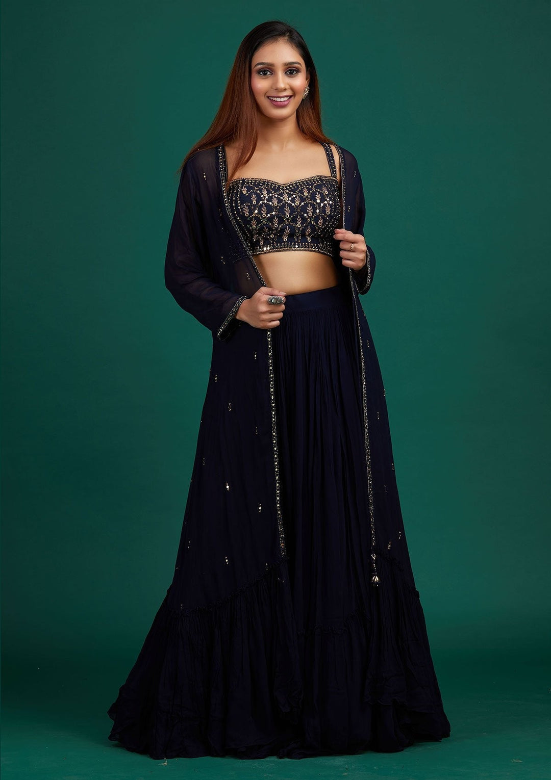 Navy Blue Mirrorwork Georgette Designer Lehenga - Koskii
