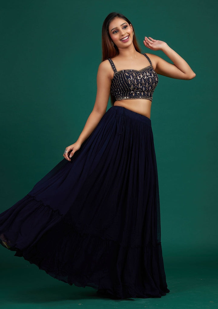 Navy Blue Mirrorwork Georgette Designer Lehenga - Koskii