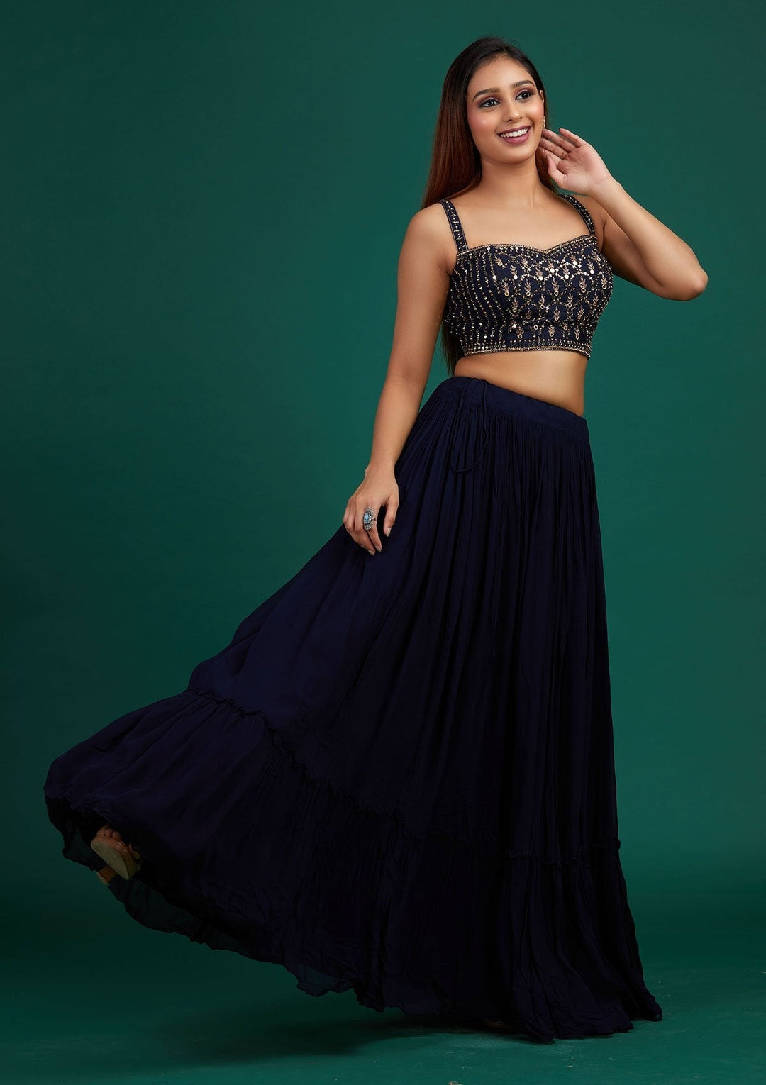 Navy Blue Mirrorwork Georgette Designer Lehenga - Koskii