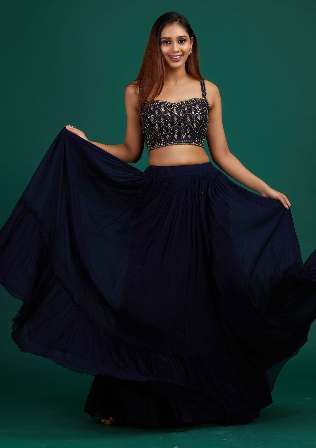 Navy Blue Mirrorwork Georgette Designer Lehenga - Koskii