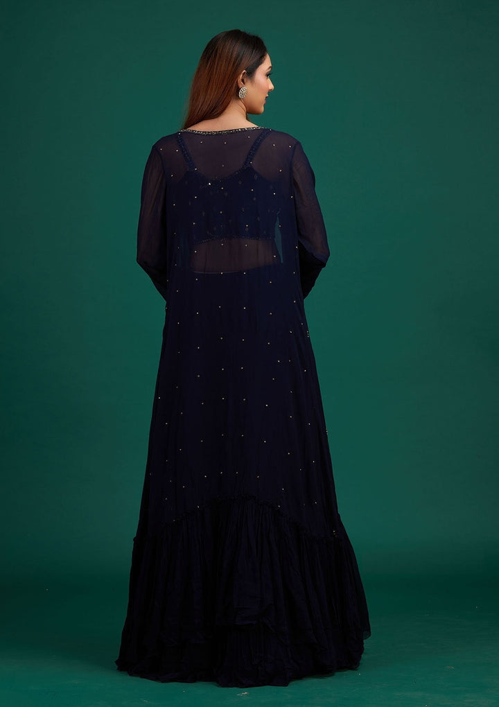 Navy Blue Mirrorwork Georgette Designer Lehenga - Koskii