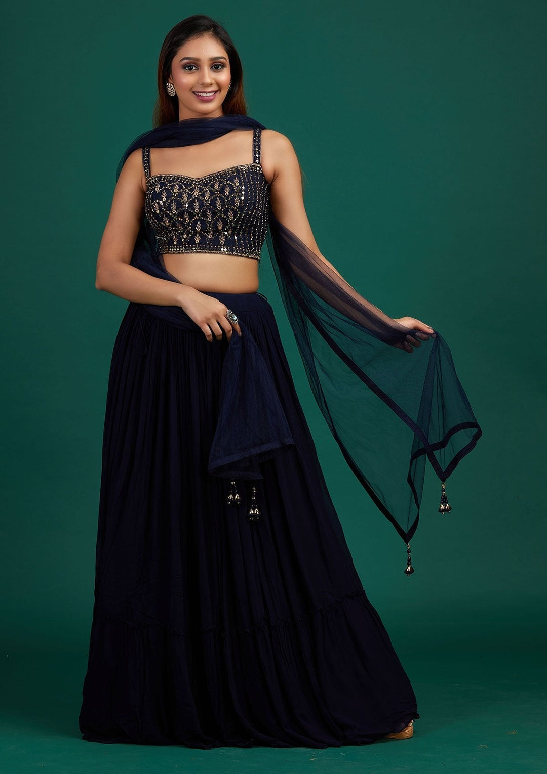 Navy Blue Mirrorwork Georgette Designer Lehenga - Koskii