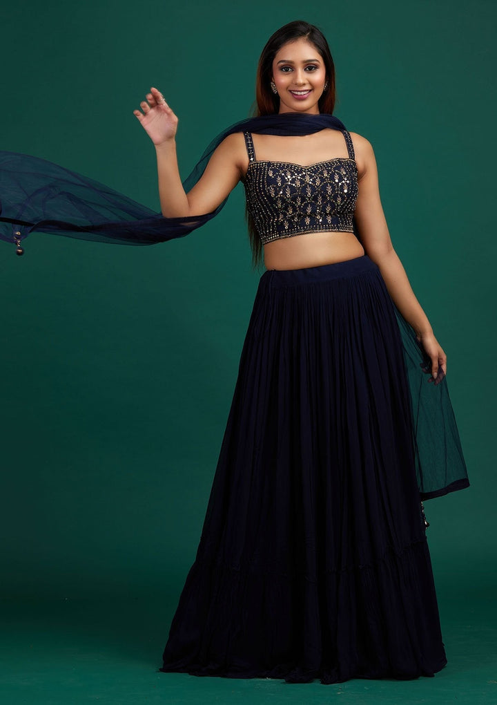 Navy Blue Mirrorwork Georgette Designer Lehenga - Koskii