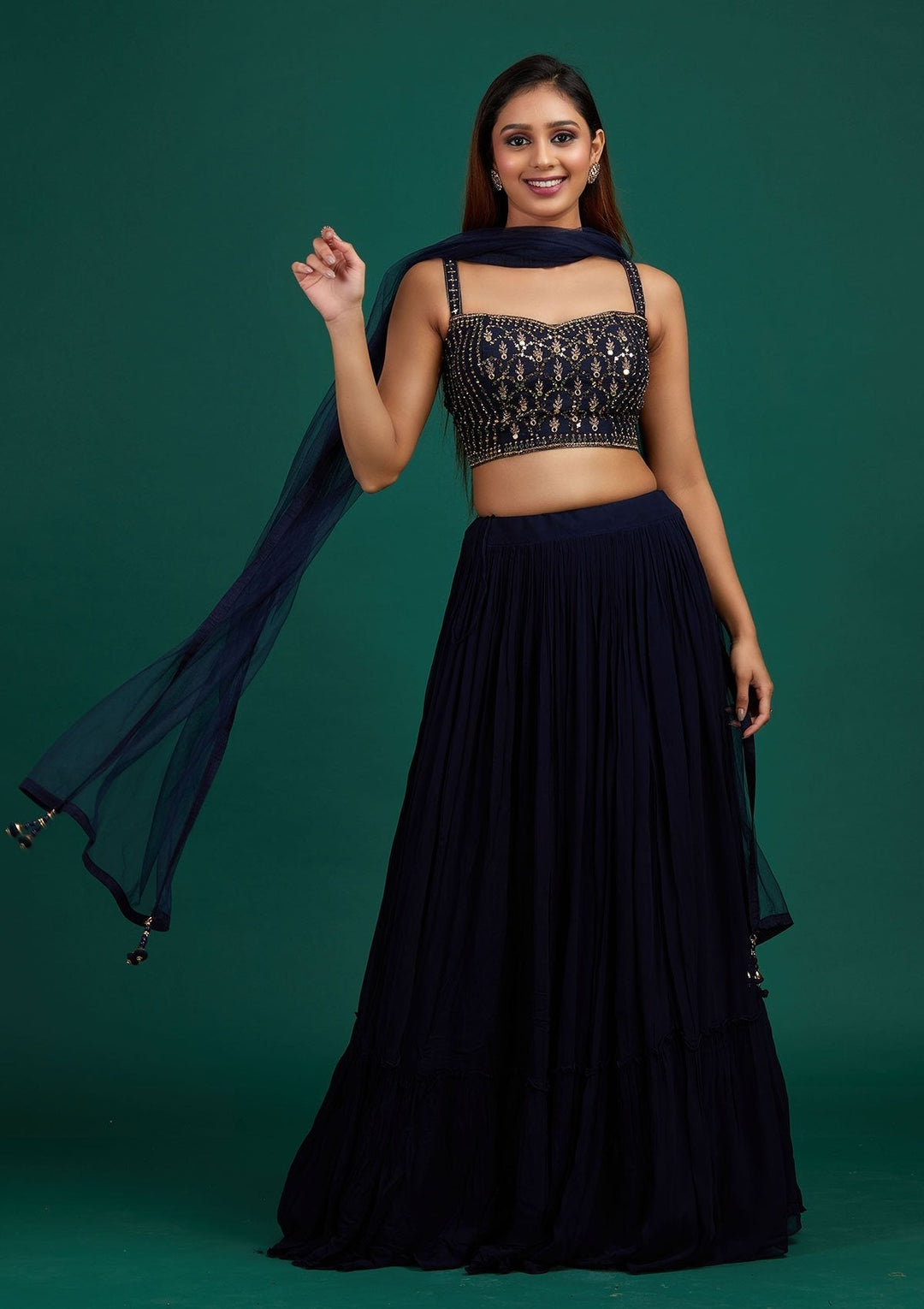Navy Blue Mirrorwork Georgette Designer Lehenga - Koskii