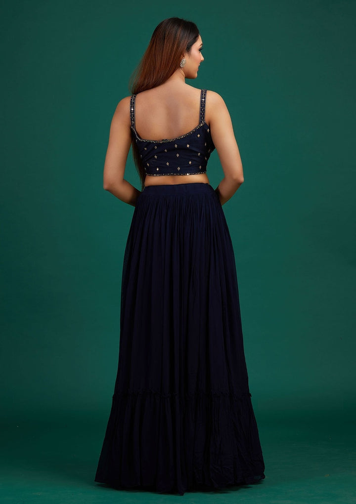 Navy Blue Mirrorwork Georgette Designer Lehenga - Koskii
