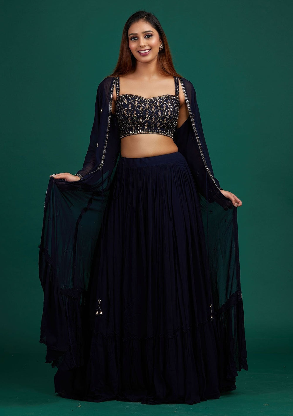 Navy Blue Mirrorwork Georgette Designer Lehenga - Koskii