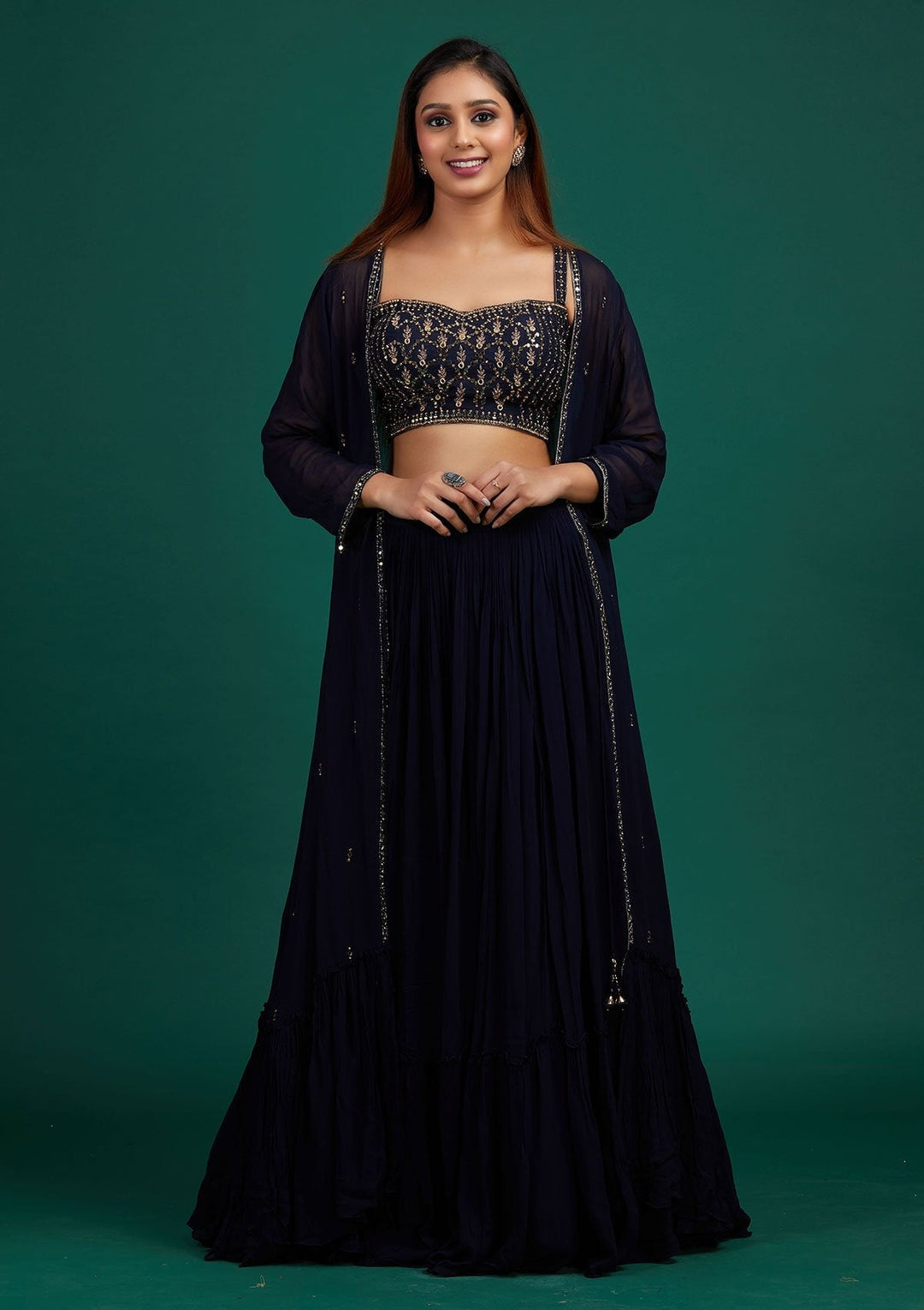 Navy Blue Mirrorwork Georgette Designer Lehenga - Koskii