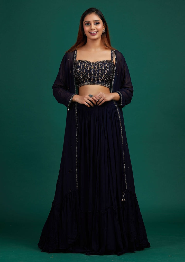 Navy Blue Mirrorwork Georgette Designer Lehenga - Koskii