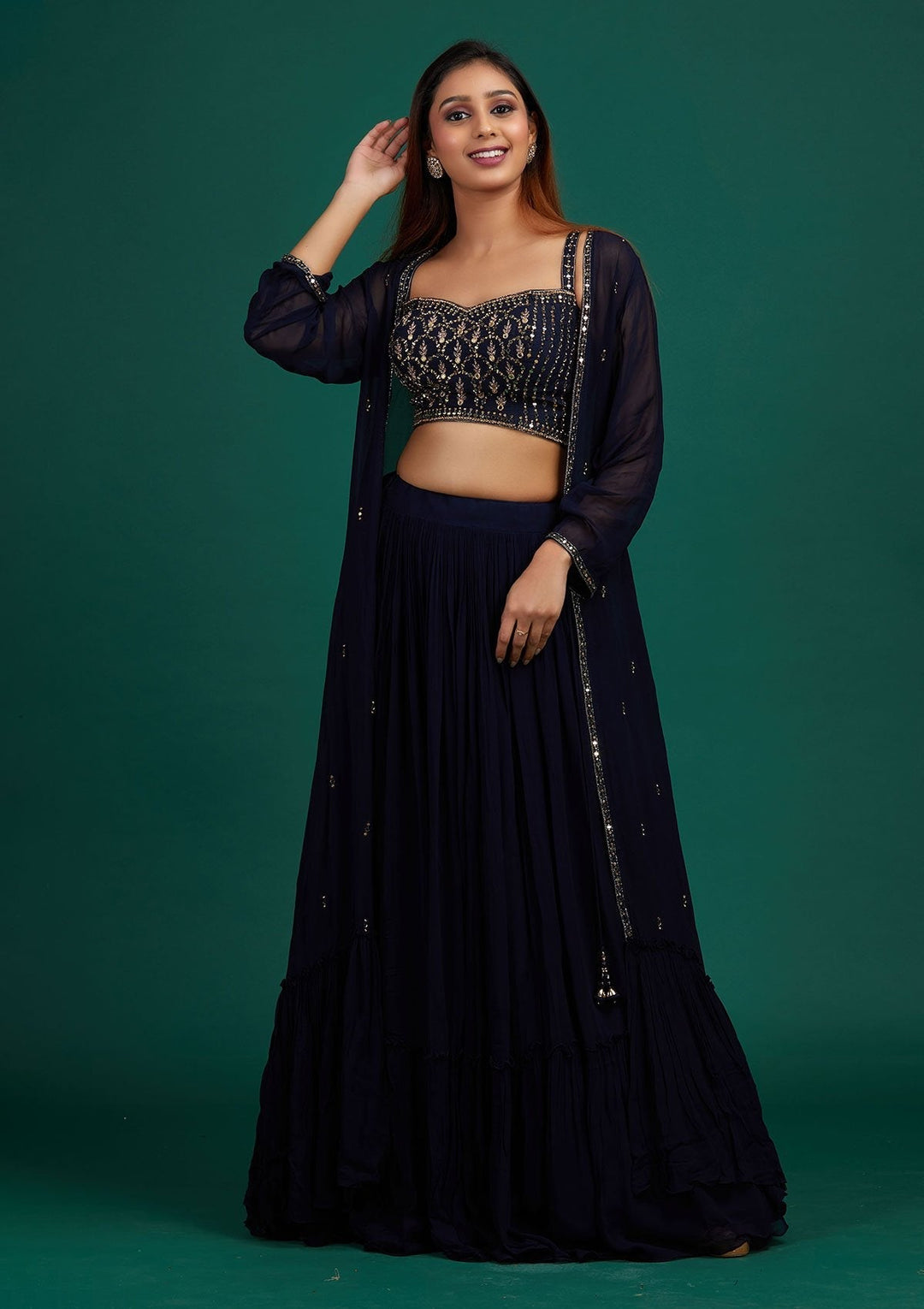 Navy Blue Mirrorwork Georgette Designer Lehenga - Koskii