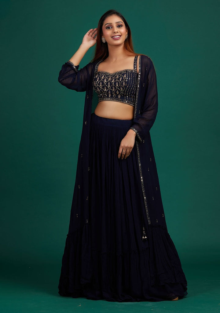 Navy Blue Mirrorwork Georgette Designer Lehenga - Koskii