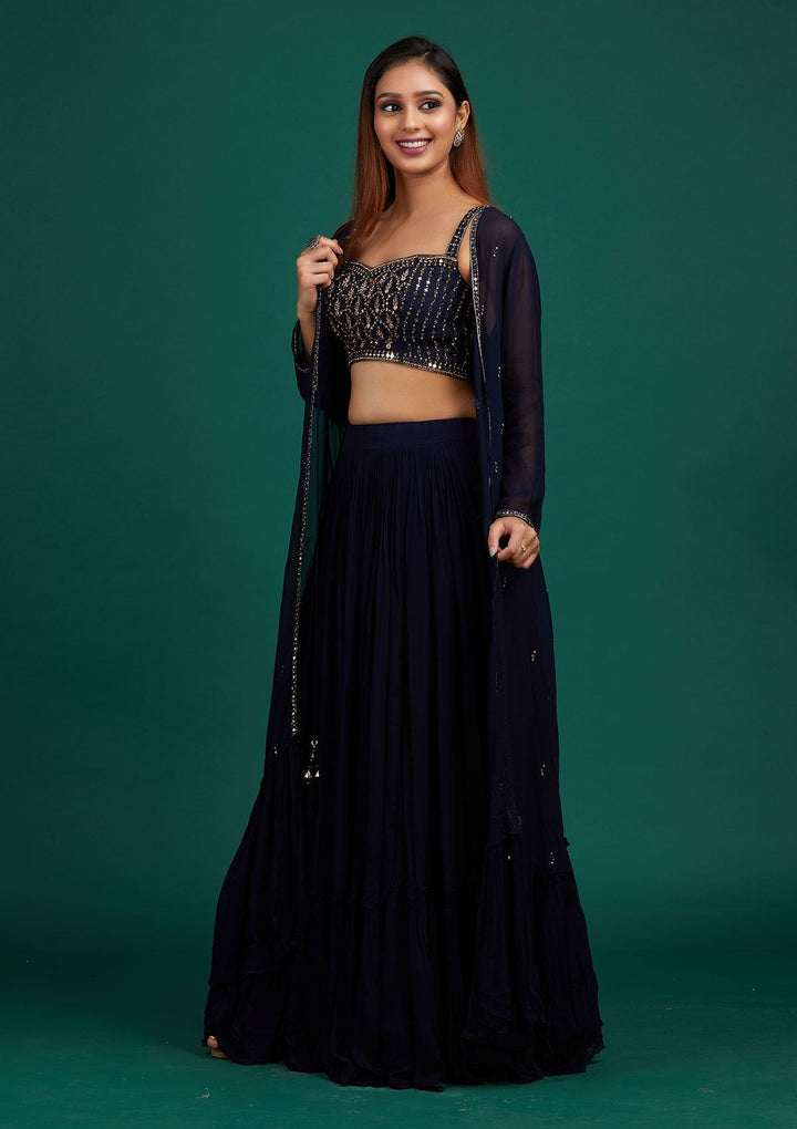 Navy Blue Mirrorwork Georgette Designer Lehenga - Koskii