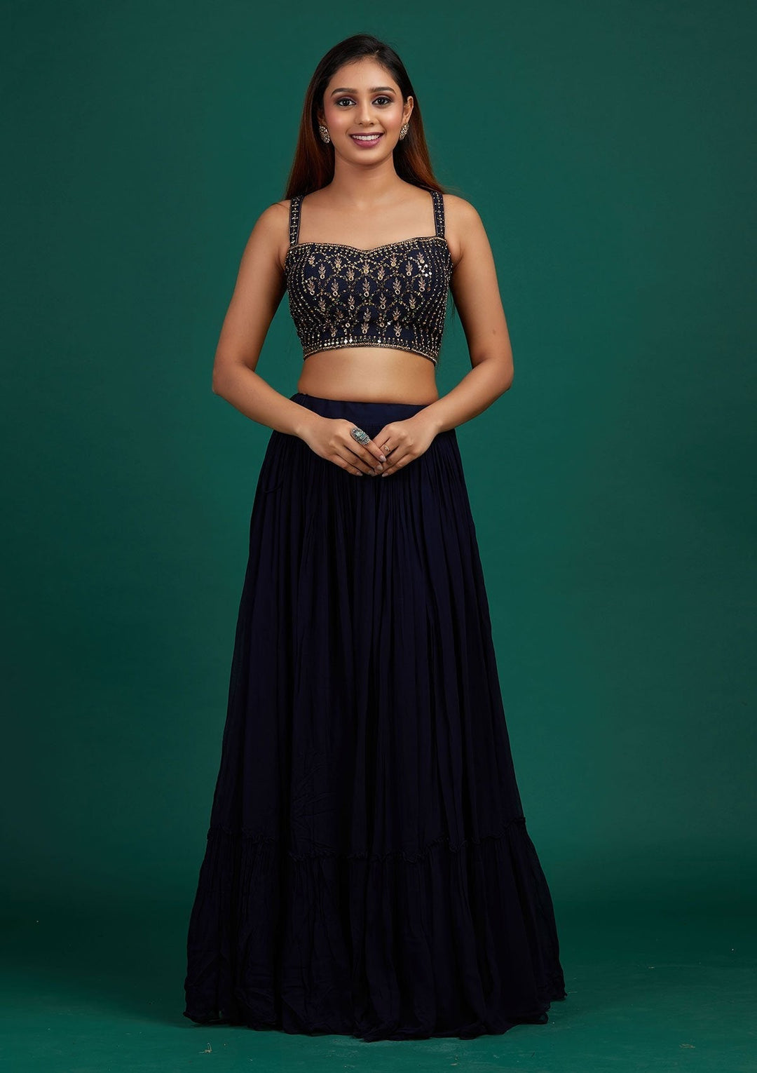 Navy Blue Mirrorwork Georgette Designer Lehenga - Koskii