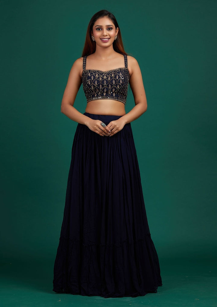 Navy Blue Mirrorwork Georgette Designer Lehenga - Koskii