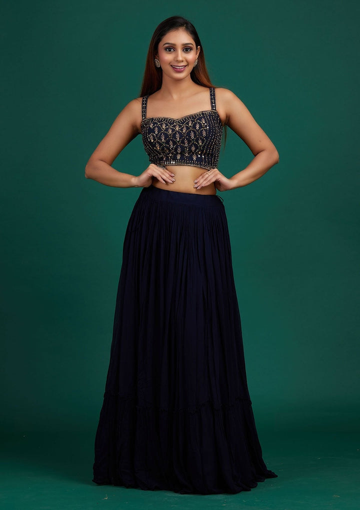 Navy Blue Mirrorwork Georgette Designer Lehenga - Koskii