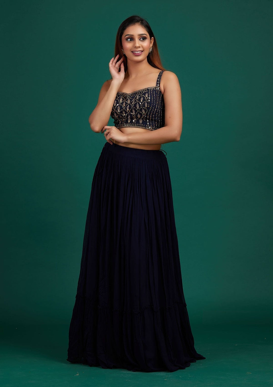 Navy Blue Mirrorwork Georgette Designer Lehenga - Koskii