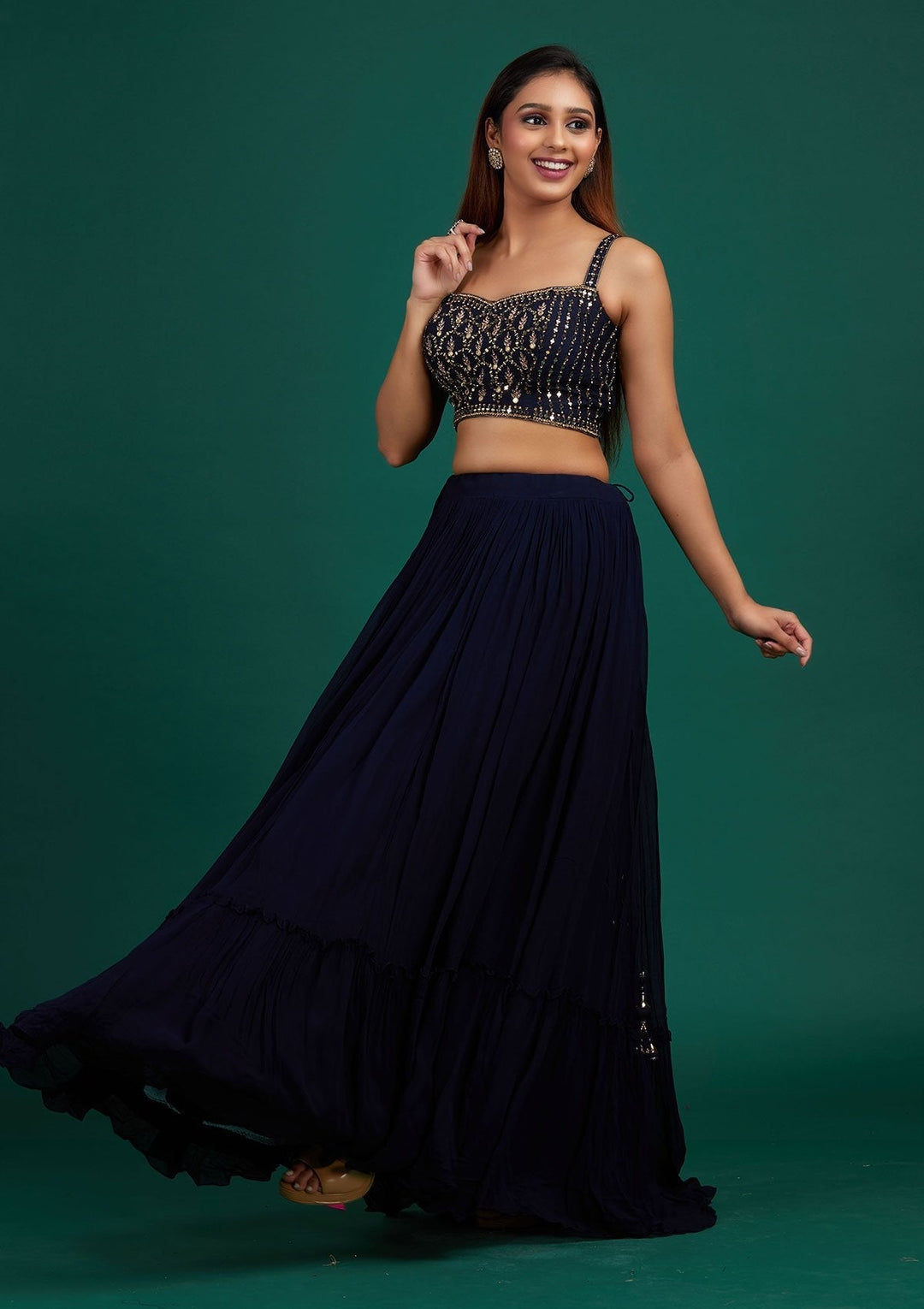 Navy Blue Mirrorwork Georgette Designer Lehenga - Koskii