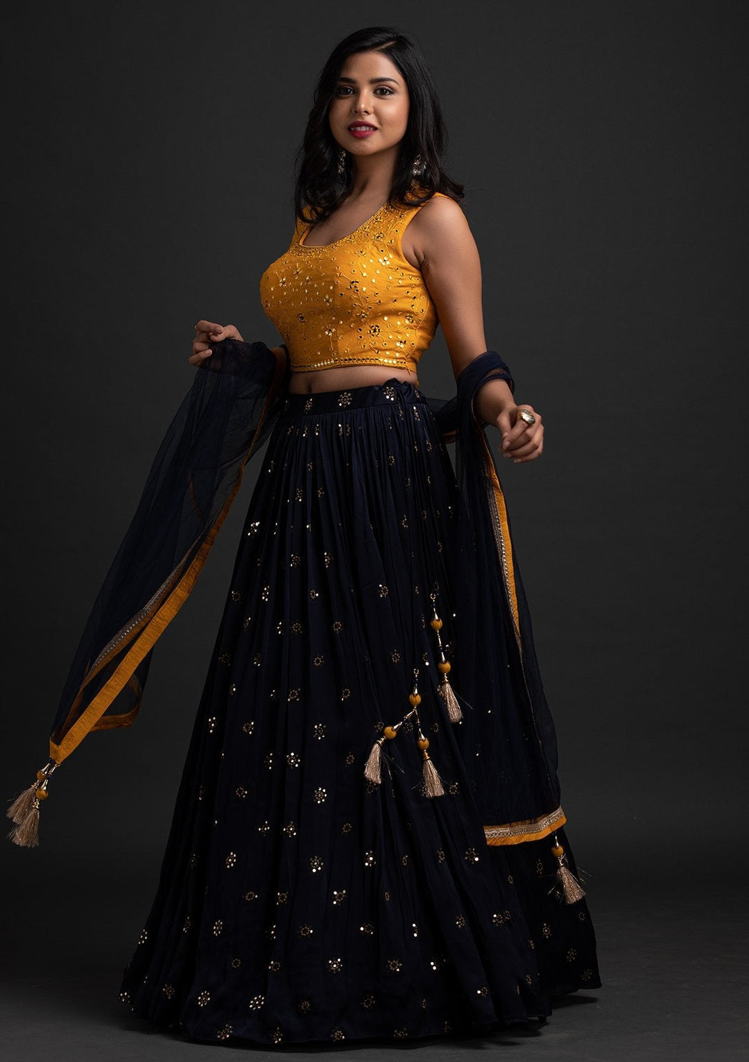 Navy Blue Mirrorwork Satin Designer Lehenga - koskii