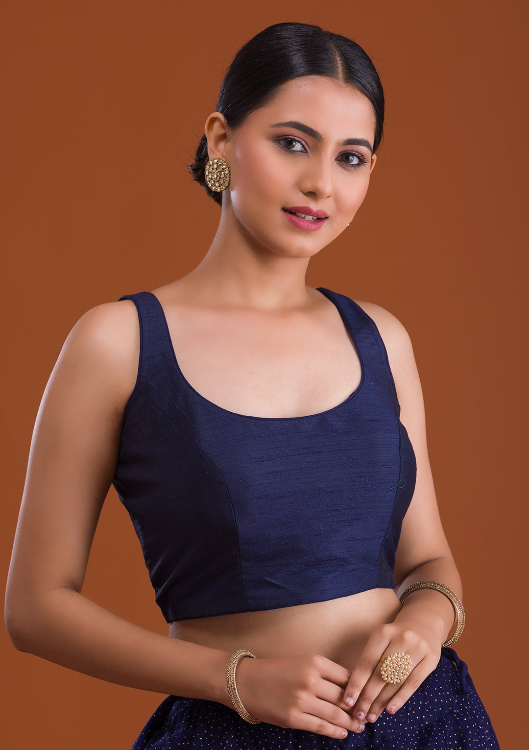 Navy Blue Raw Silk Blouse-Koskii