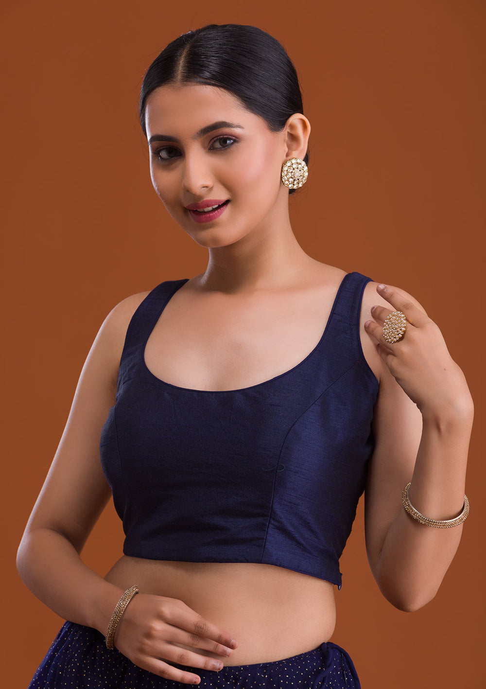 Navy Blue Raw Silk Blouse-Koskii