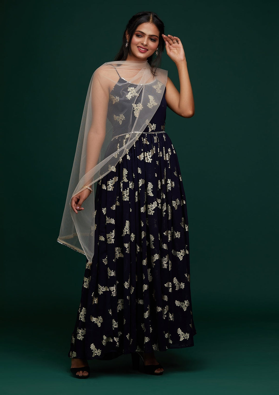 Navy Blue Printed Georgette Designer Gown - Koskii