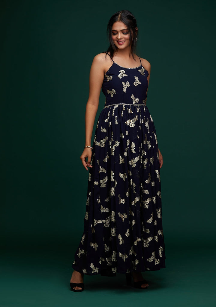 Navy Blue Printed Georgette Designer Gown - Koskii
