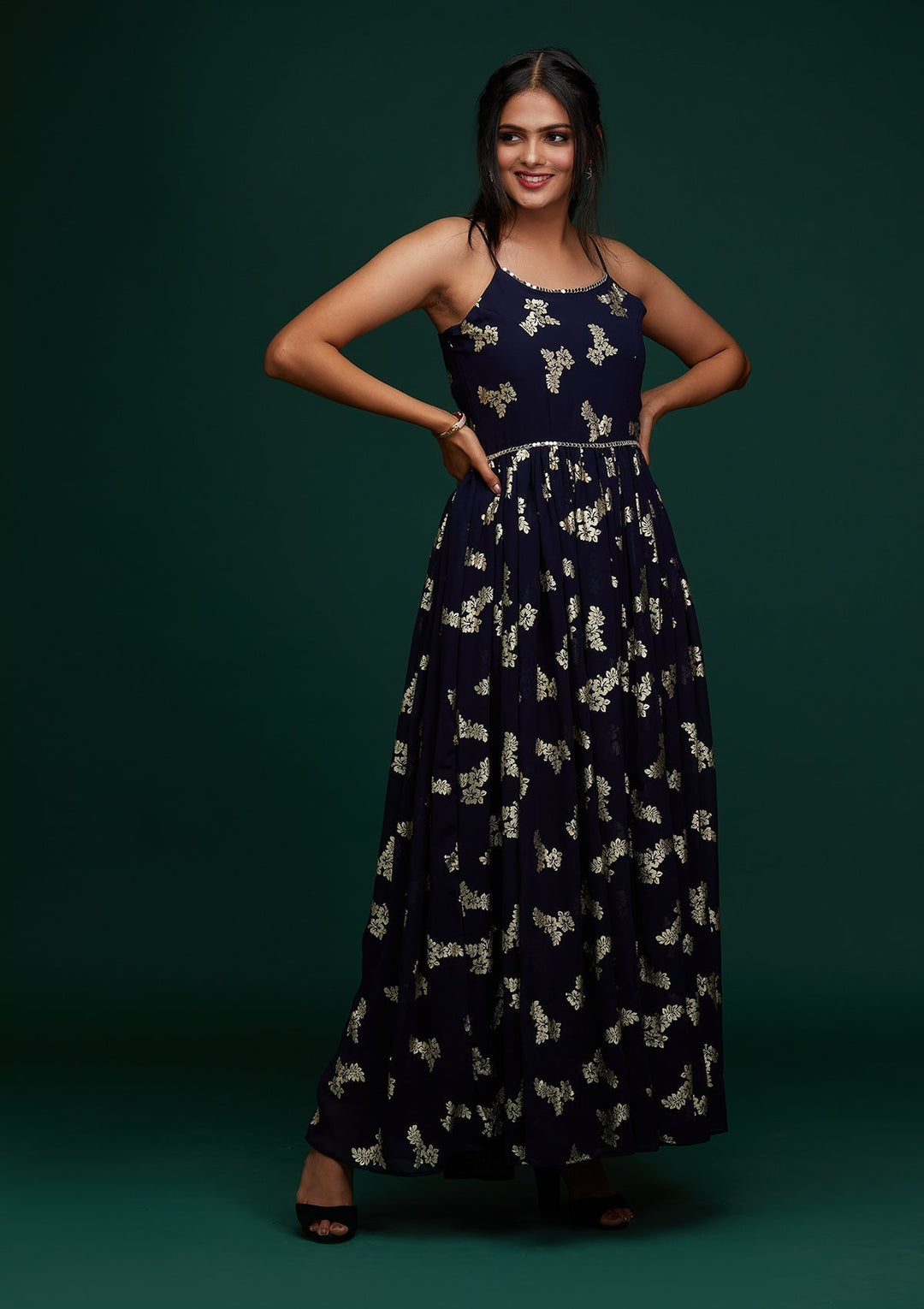 Navy Blue Printed Georgette Designer Gown - Koskii