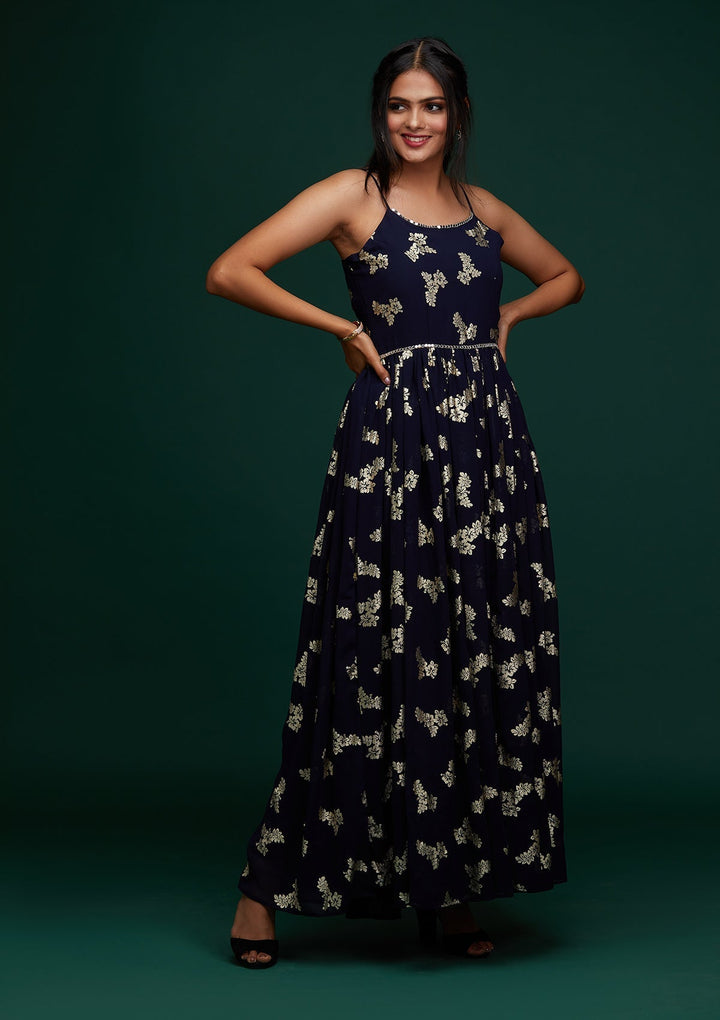 Navy Blue Printed Georgette Designer Gown - Koskii