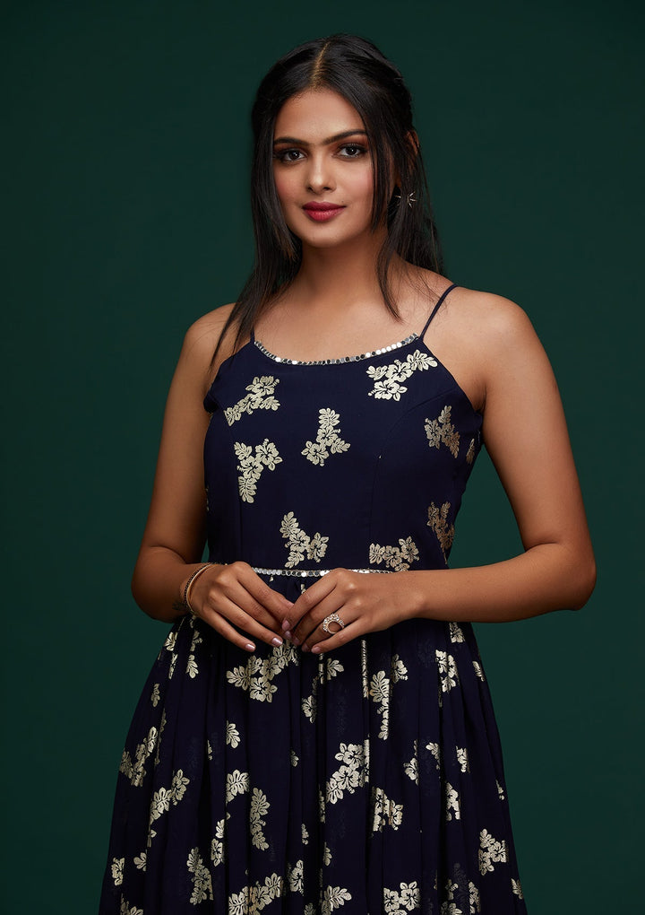 Navy Blue Printed Georgette Designer Gown - Koskii