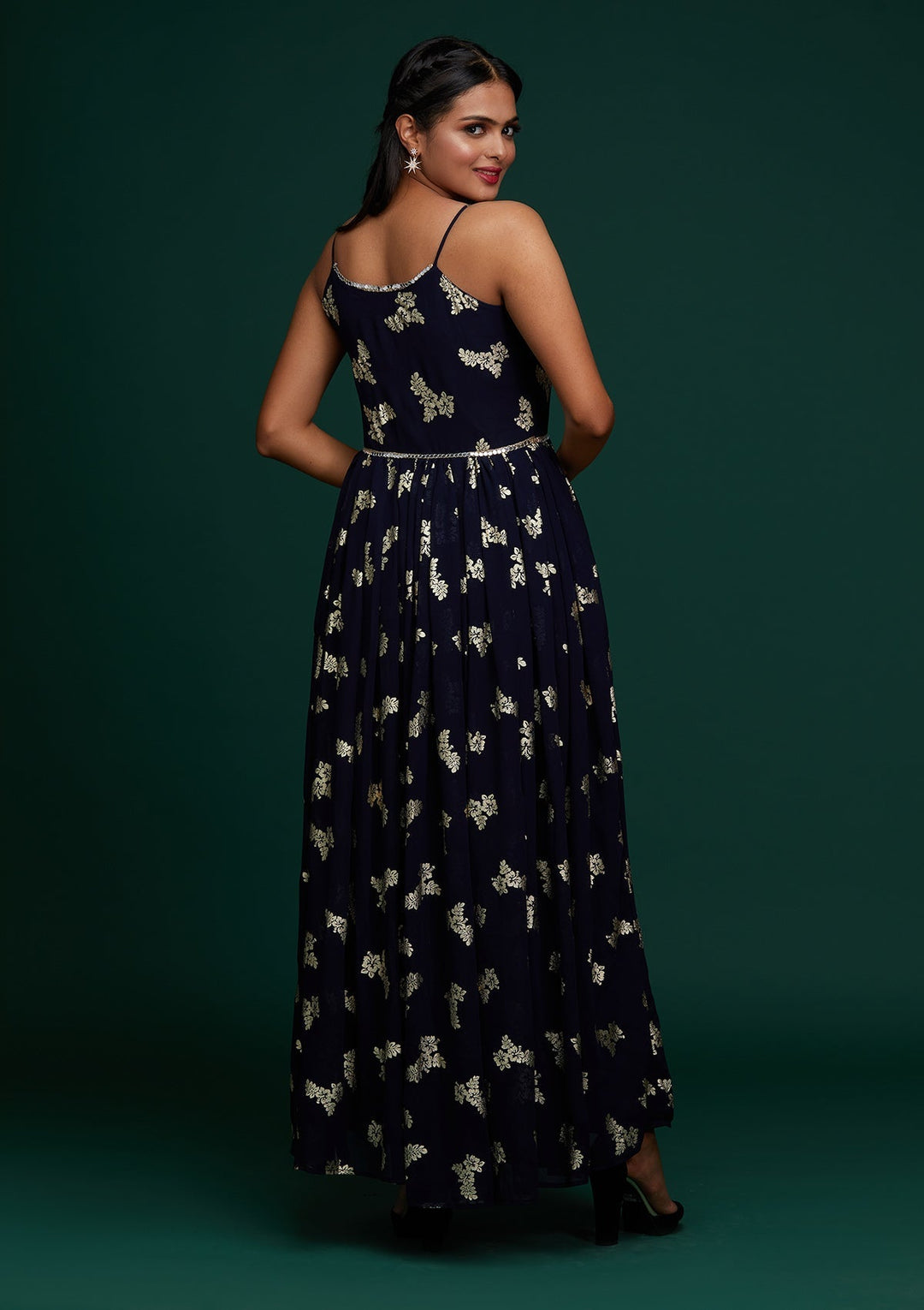 Navy Blue Printed Georgette Designer Gown - Koskii