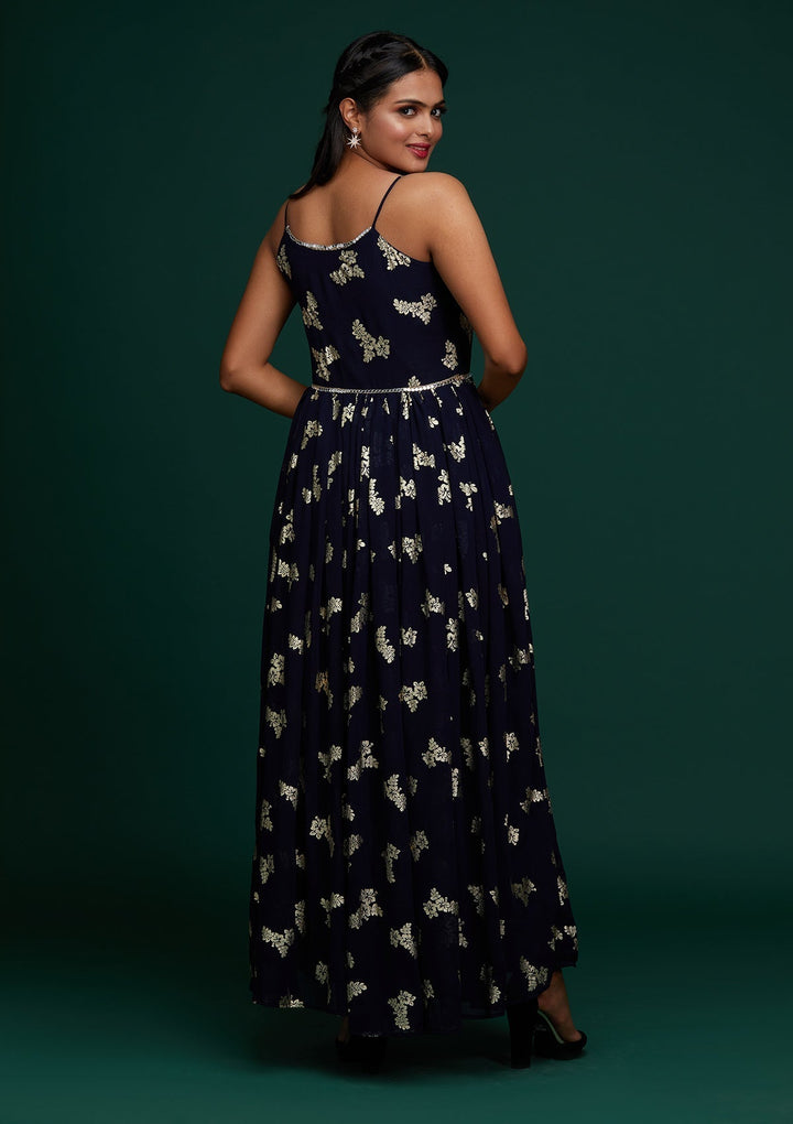 Navy Blue Printed Georgette Designer Gown - Koskii