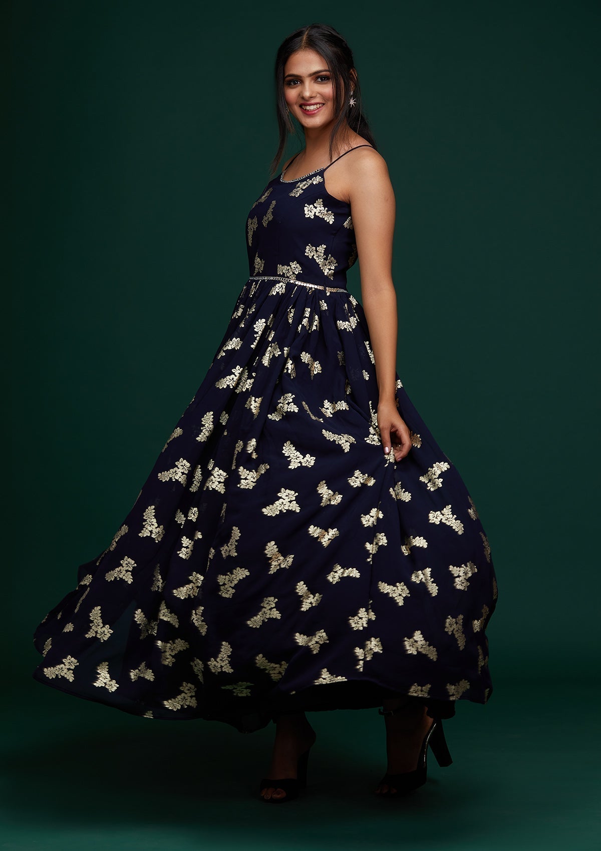 Navy Blue Printed Georgette Designer Gown - Koskii