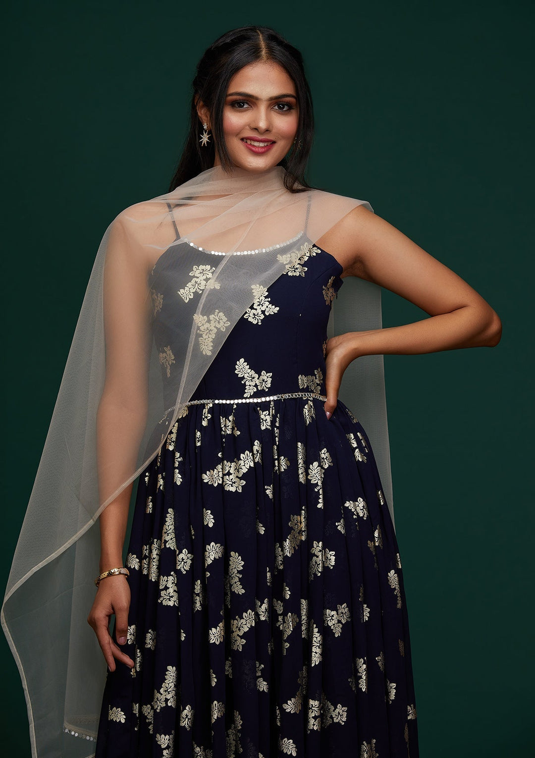 Navy Blue Printed Georgette Designer Gown - Koskii