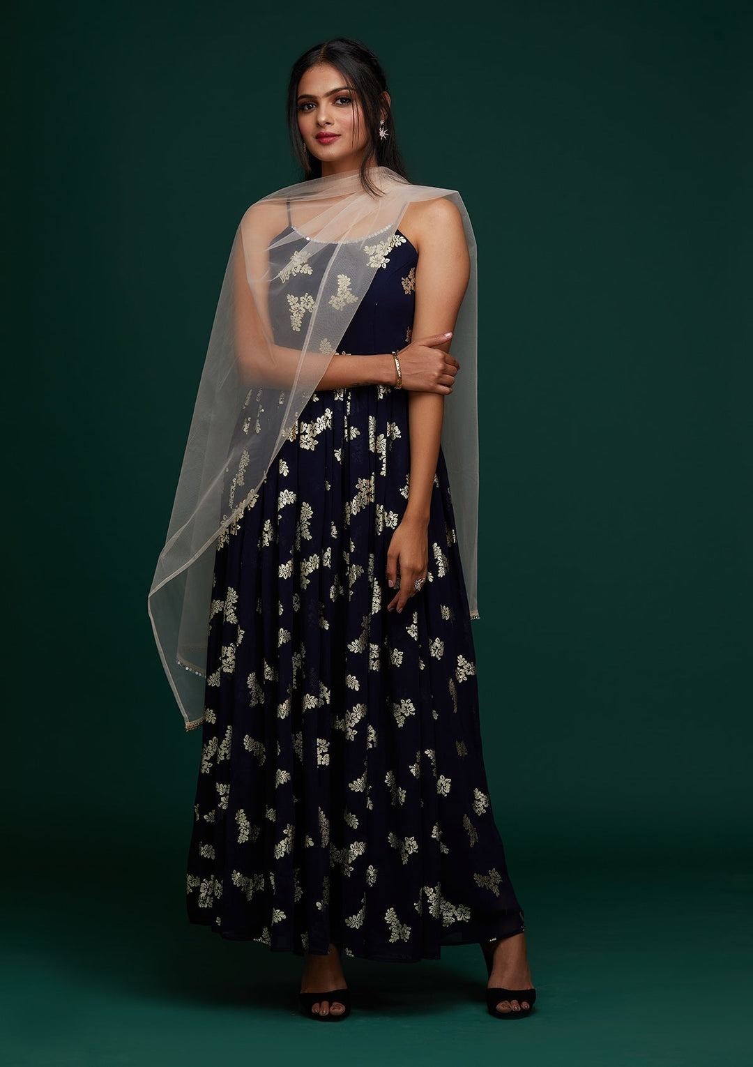 Navy Blue Printed Georgette Designer Gown - Koskii
