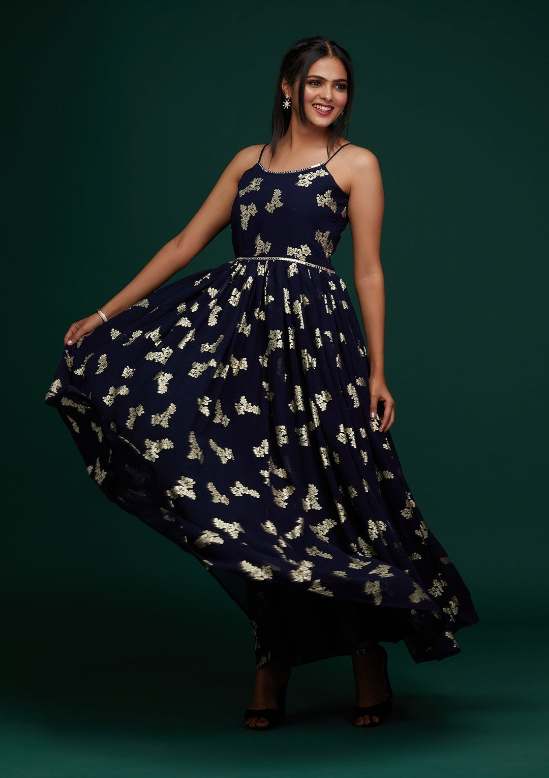 Navy Blue Printed Georgette Designer Gown - Koskii