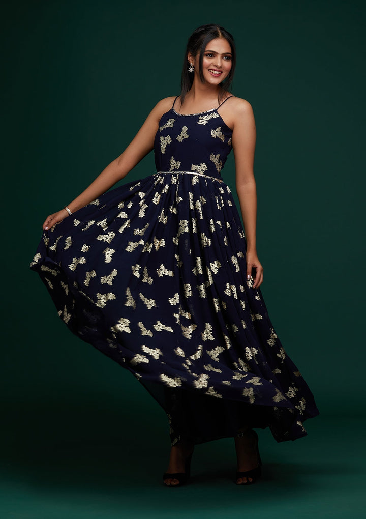Navy Blue Printed Georgette Designer Gown - Koskii