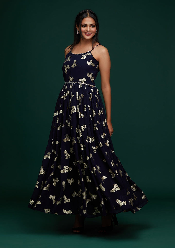 Navy Blue Printed Georgette Designer Gown - Koskii