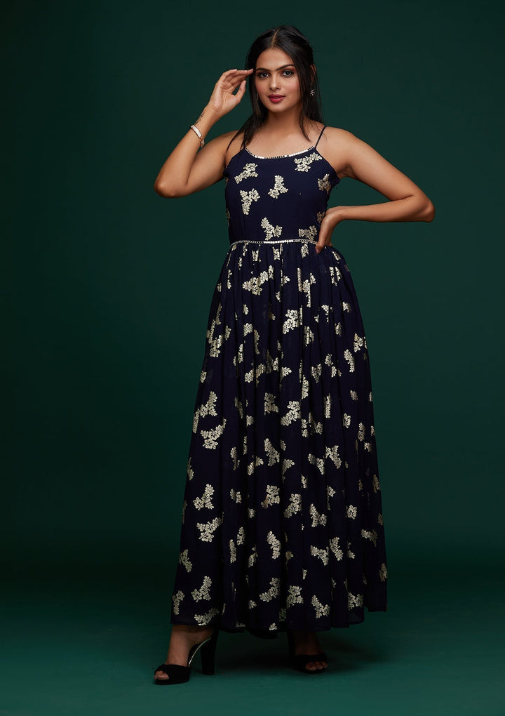 Navy Blue Printed Georgette Designer Gown - Koskii