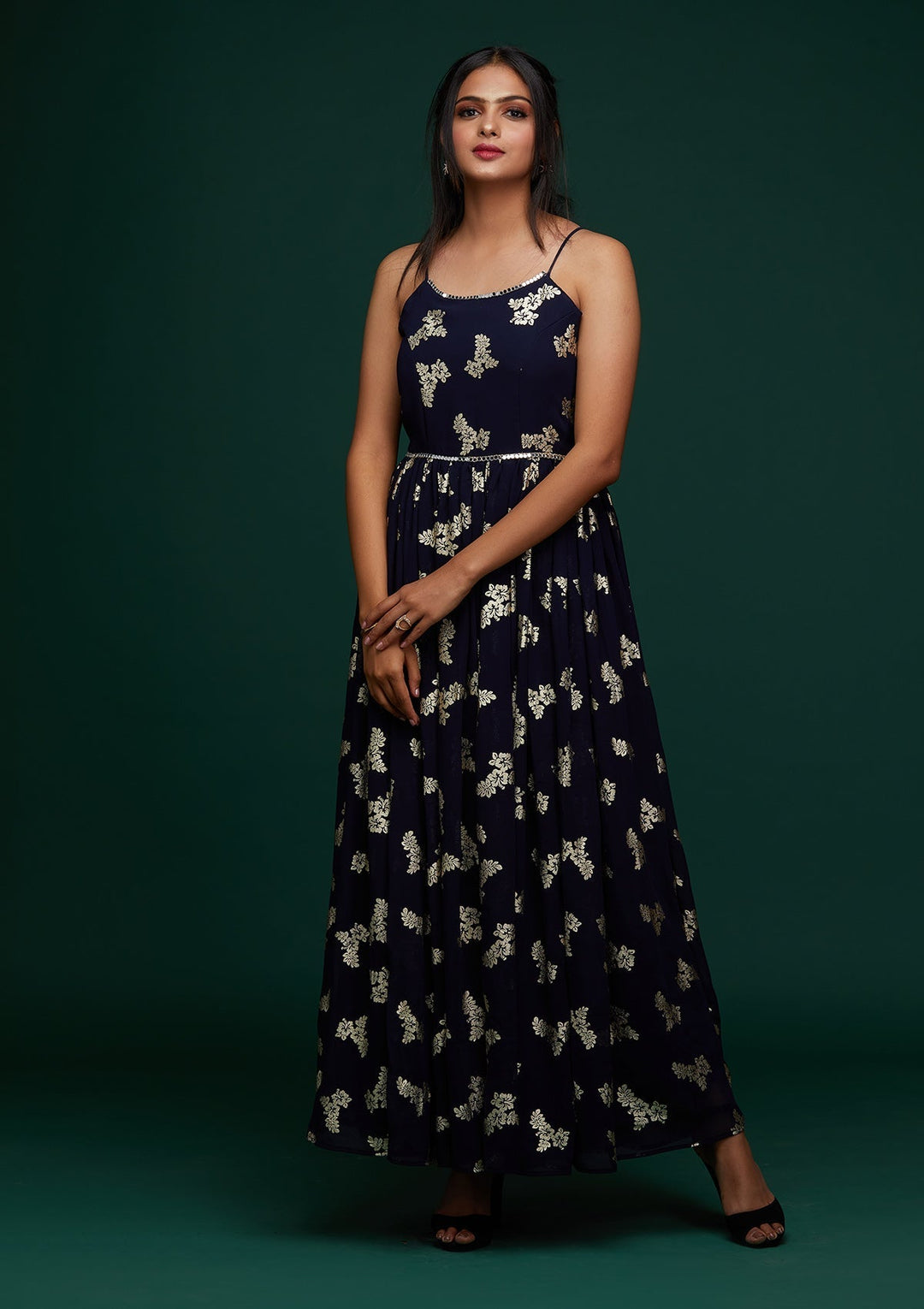 Navy Blue Printed Georgette Designer Gown - Koskii