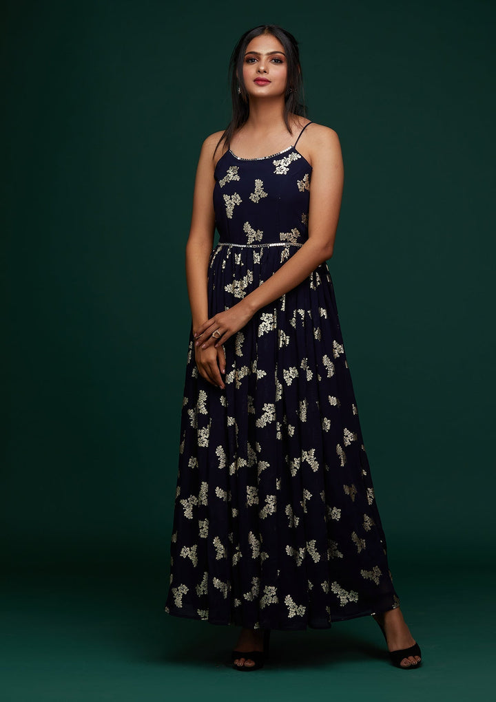 Navy Blue Printed Georgette Designer Gown - Koskii