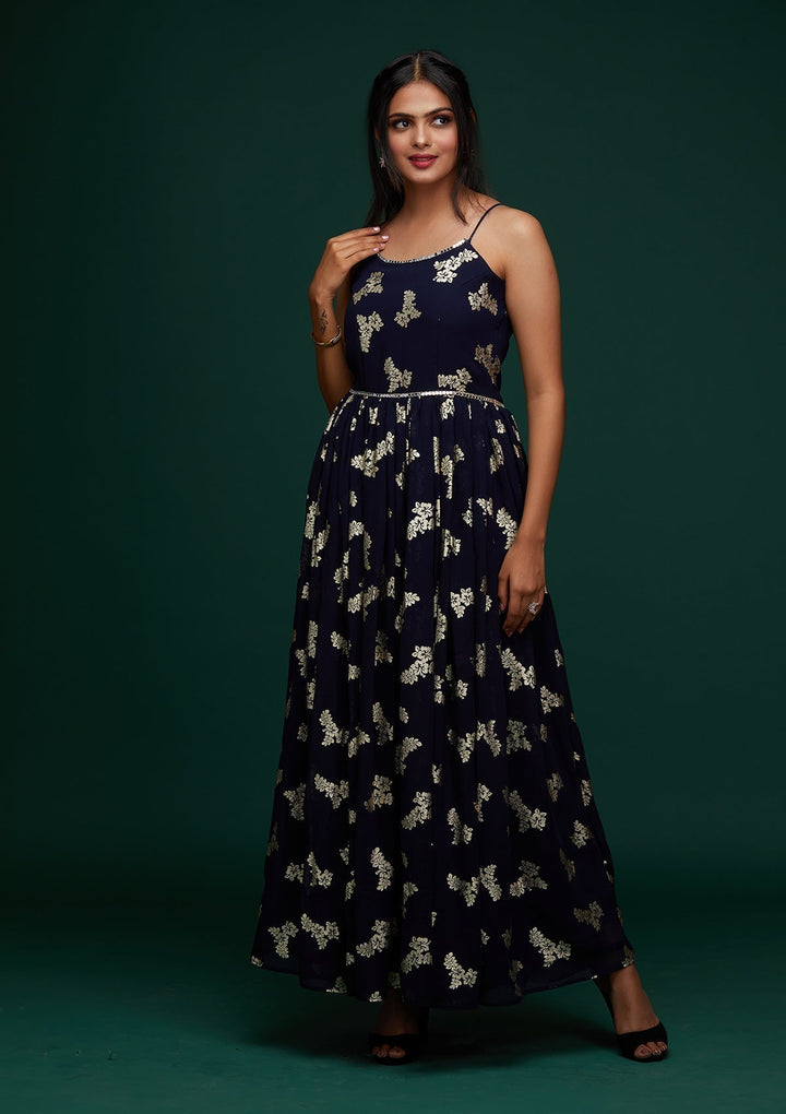 Navy Blue Printed Georgette Designer Gown - Koskii