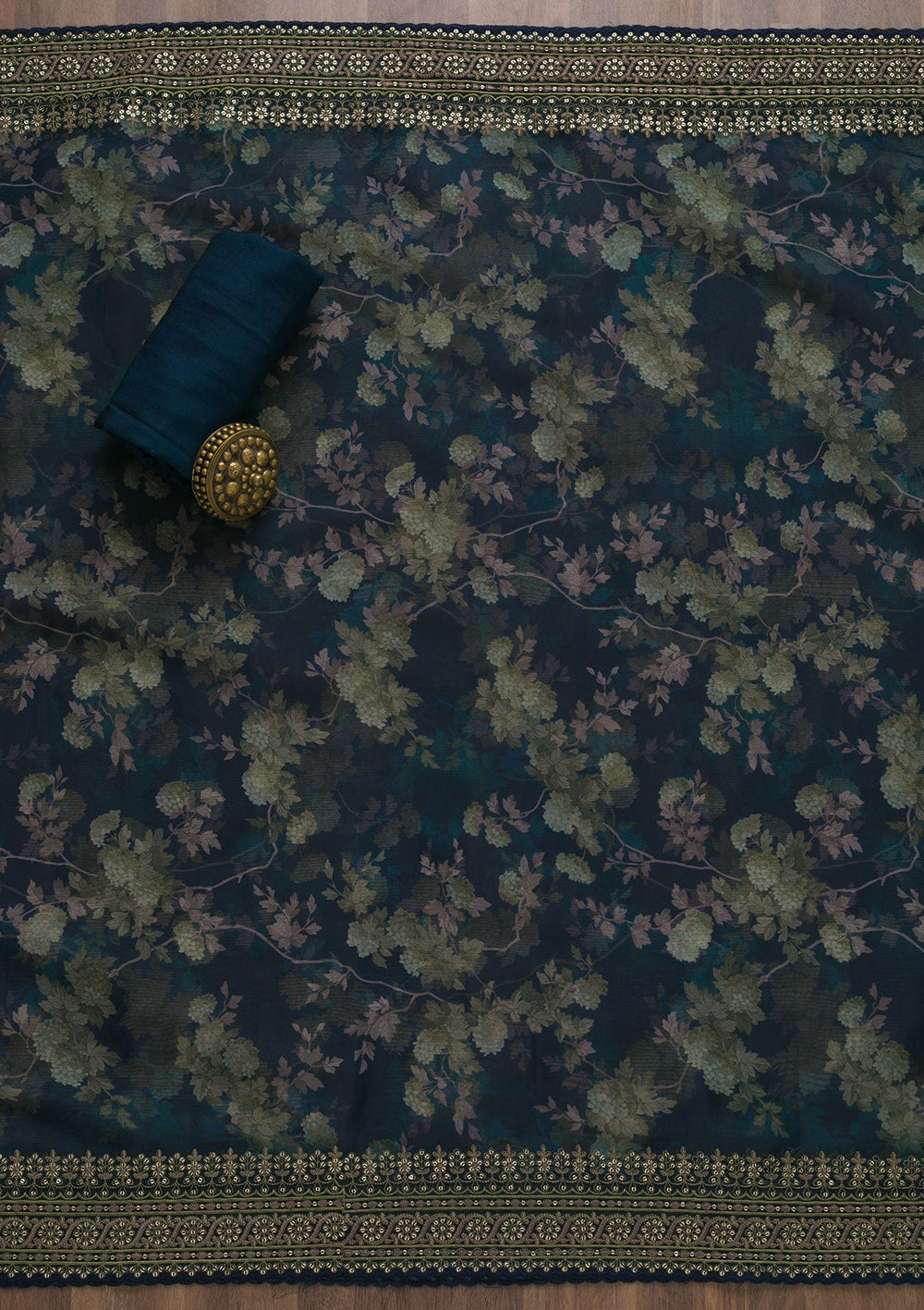 Navy Blue Printed Tissue Unstitched Salwar Suit-Koskii