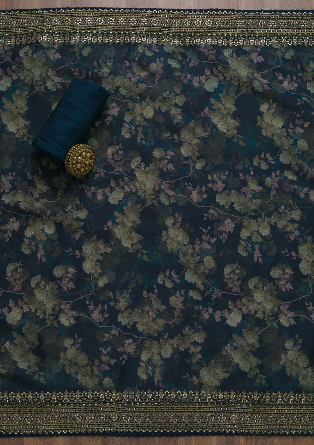 Navy Blue Printed Tissue Unstitched Salwar Suit-Koskii