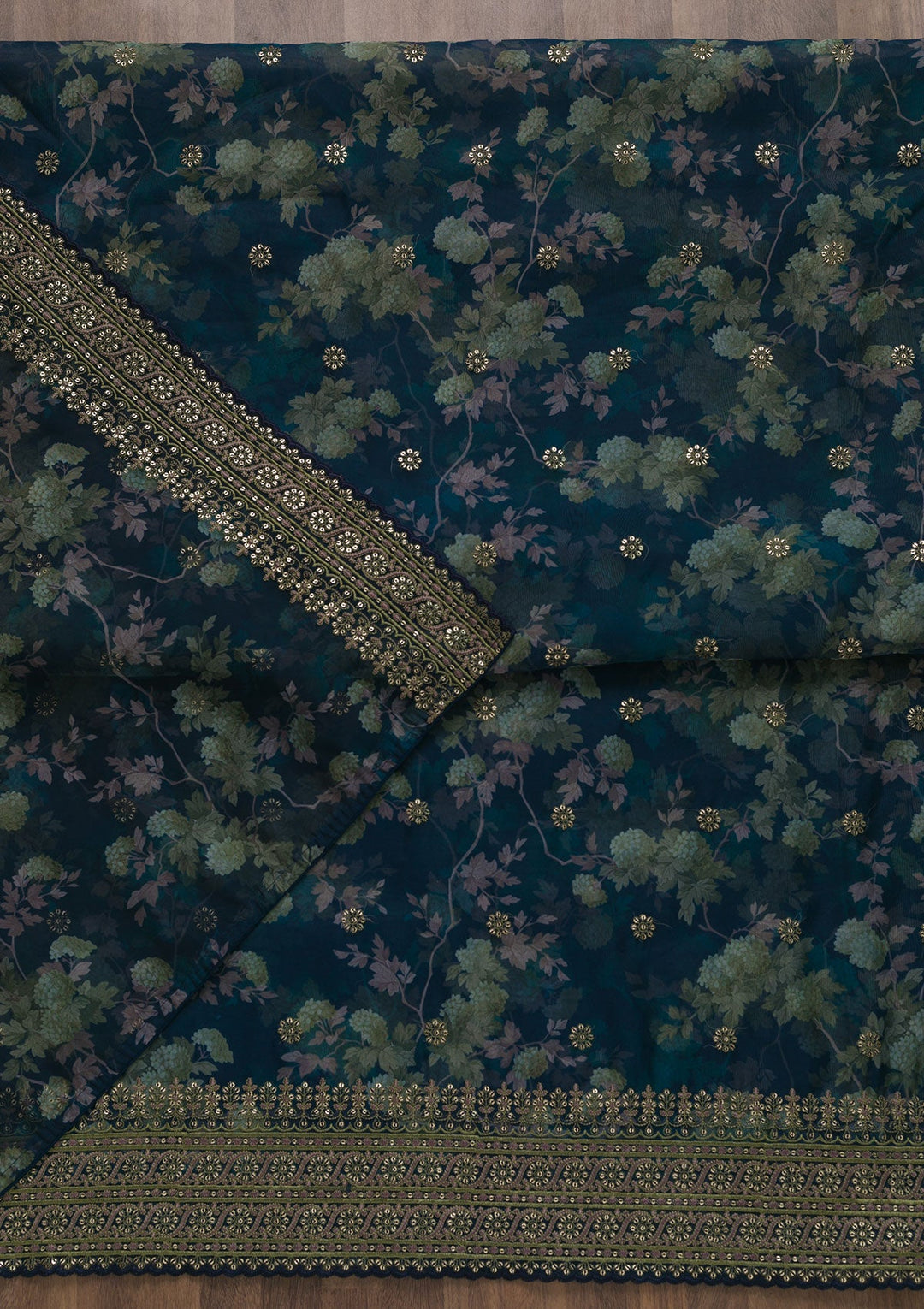 Navy Blue Printed Tissue Unstitched Salwar Suit-Koskii