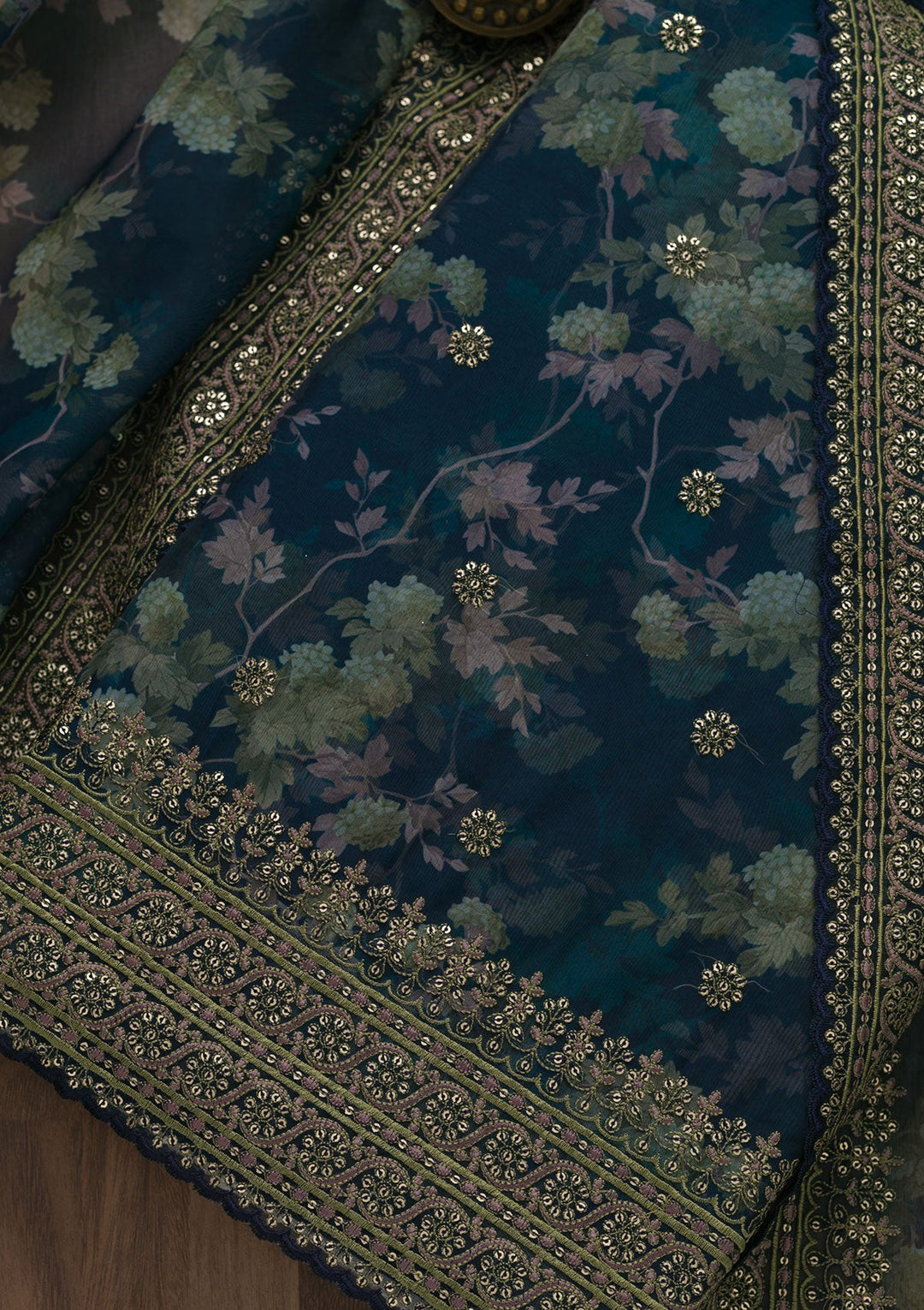 Navy Blue Printed Tissue Unstitched Salwar Suit-Koskii