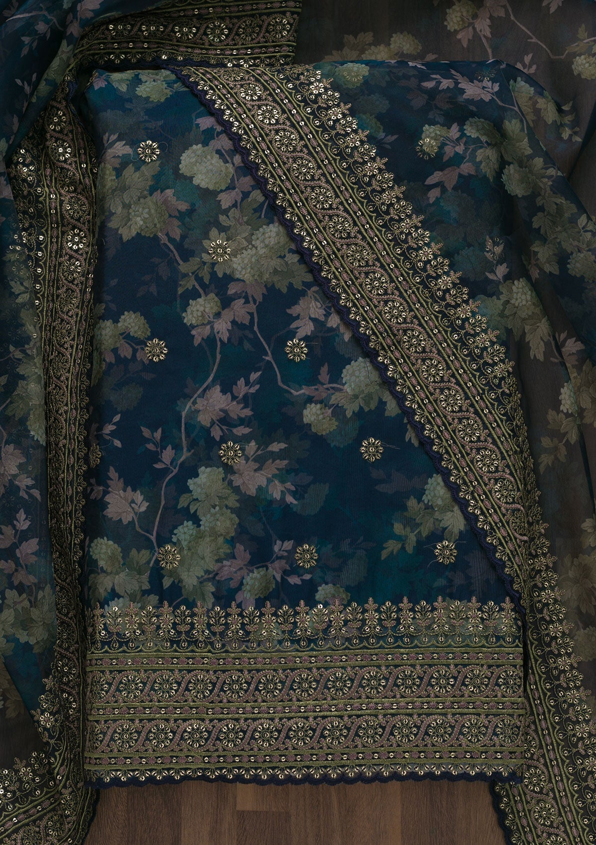 Bottle Green Printed Tissue Unstitched Salwar Suit-Koskii