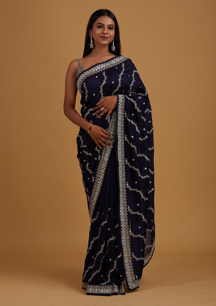 Navy Blue Silver Zariwork Raw Silk Designer Saree - Koskii